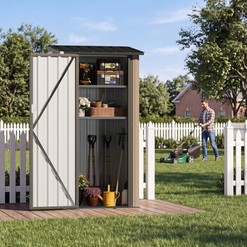 Aoxun Outdoor Storage Shed with Floor - Vertical Cabinet, 3x3 FT Metal Shed with 2 Adjustable Shelves & Lockable Doors Waterproof Tools Shed for Backyard, Garden, Patio, Lawn (Brown) - size: 3' x 3'