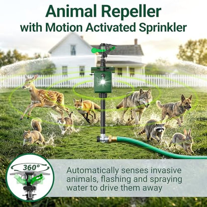 Motion Activated Animal Repeller with Water Sprinkler, Deer Repellent Devices Solar Powered, IP65 Waterproof Cat Repellent Outdoor with Flashing Light, Deter Deer Foxes Skunks Raccoons from Garden