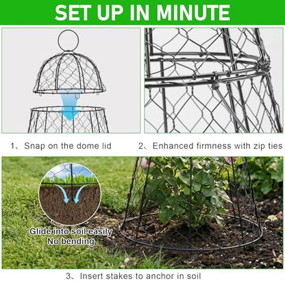 Garden Cloches for Plants 3 Pack - Chicken Wire Outdoor Plant Protectors from Animals - Heavy-Duty Metal Cage with Detachable Lid - Rustproof Covers - 12"D × 17"H - Blocks Rabbits, Squirrels & Birds - size: 3 Pack