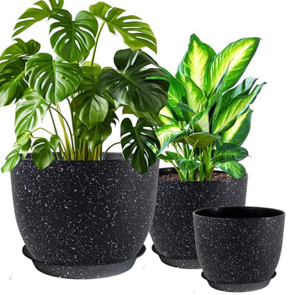 10/9/8 inch Plant Pots, 3 Pack Plastic Flower Pots Modern Flower Pots with Drainage Holes and Trays are for Indoor and Outdoor Plants, Herbs and Flowers,Black Speckles - color: Black