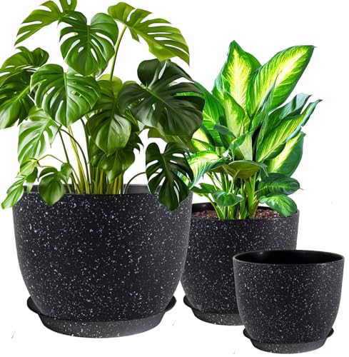 10/9/8 inch Plant Pots, 3 Pack Plastic Flower Pots Modern Flower Pots with Drainage Holes and Trays are for Indoor and Outdoor Plants, Herbs and Flowers,Black Speckles - color: Black