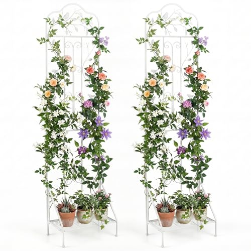Giantex Metal Garden Trellis for Climbing Plants Set 2, 75" x 20" Outdoor Rose Trellis w/Foldable Bottom, Freestanding Plant Support for Vines, Flowers, Vegetables & Fruits, Patio Lawn Garden, White - color: White