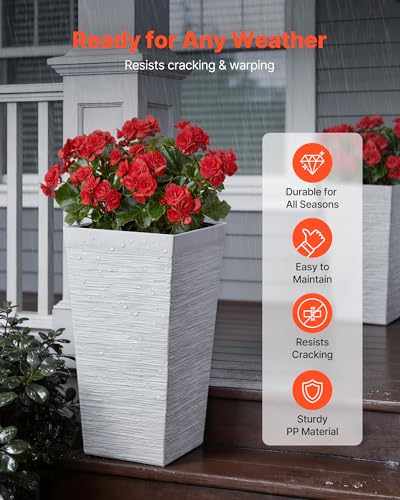 VEVOR Set of 2 Tall Planters for Outdoor Plants 23 inch, White Tall Planter for Indoor Plants, Modern Planters for Front Porch Patio Balcony, Plant Container Flower Pots with Built-in Drainage - color: White, size: 23 inch