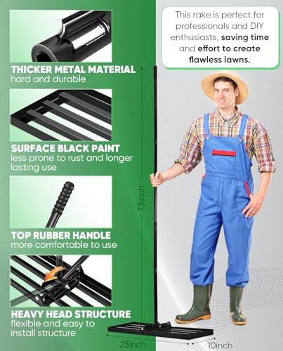 Saker Lawn Leveling Rake 25x10 Inch, 73-Inch Heavy Duty Lawn Leveler Tool with Stainless Steel Handle for Lawns, Backyard, Garden, Golf Course, Farm - Black