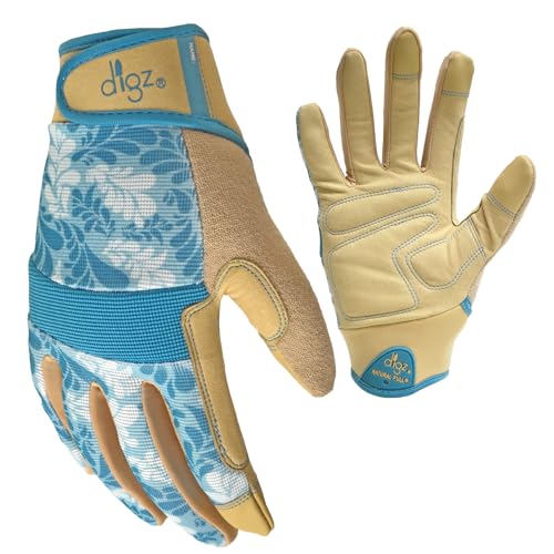 Digz Gardening Gloves, Garden Gloves for Women - color: Blue Leaves Pattern, size: Medium
