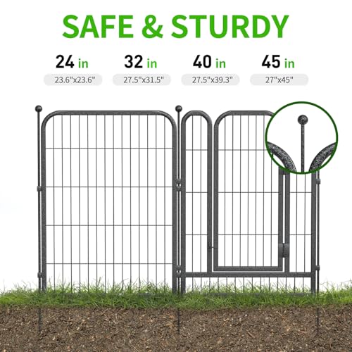 Decorative Garden Metal Fence 18ft (L)×45in (H) with 7 Panels 1Gate Outdoor, No Dig Rustproof Wire, Animal Barrier Fencing for Outdoor Yard Patio Flower Bed,（Black-Silver） - size: 45in(H)x18ft(L)