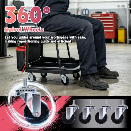 Rolling Mechanic Garage Stool on Wheels with Side Pockets, Black - color: Black