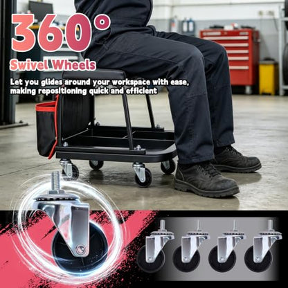 Rolling Mechanic Garage Stool on Wheels with Side Pockets, Black - color: Black