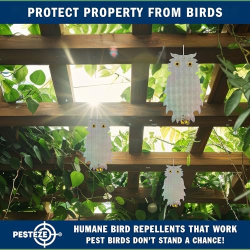 PESTEZE USA Premium Owl Bird Repellent Holographic Decoy with 2 Bells [8.25 × 15 in] Uses Reflective Shine & Sound to Deter Woodpeckers, Pigeons, Crows, Ducks, Geese & Other Outdoor Pests Without Harm