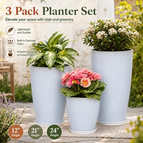 Neoaider Set of 3 Tall Planter, 24/21/12in Large Plastic Planter, WhiteJade - color: White Jade