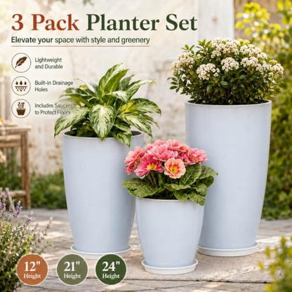 Neoaider Set of 3 Tall Planter, 24/21/12in Large Plastic Planter, WhiteJade - color: White Jade