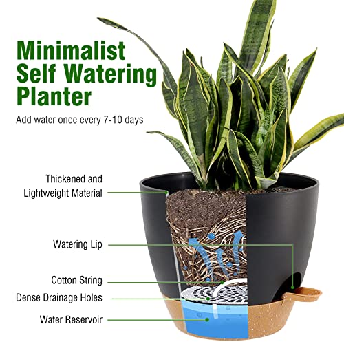 UOUZ Large Self Watering Pots, 12/10/9 Plastic Planters with High Drainage Holes and Deep Reservoir for Indoor Outdoor Garden Plants and Flowers, Black with Brown - color: Black With Brown