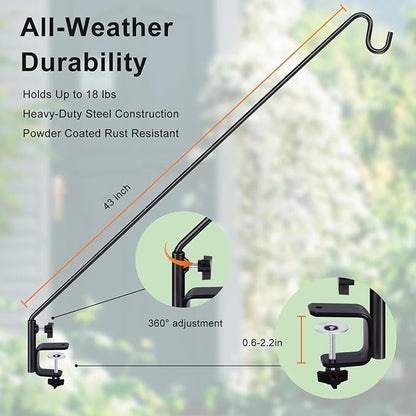 MIXXIDEA Deck Hook Outdoor Hanging Brackets：43 Inches Wall Mounted Hook Plants & Wind Chimes Risk-Free Lanterns Large Wind Chimes Lanterns - size: 43"Deck hook with 1 pack wall-mounted part
