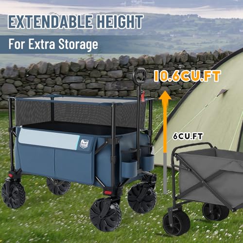 Timber Ridge Foldable Wagon 350L Extendable Height, Large Capasity Collapsible Wagon Cart with All Terrians Detachable Wheels, Compact Folding Utility Wagon for Camping, Fishing, Shopping Navy - color: Blue, size: 350L