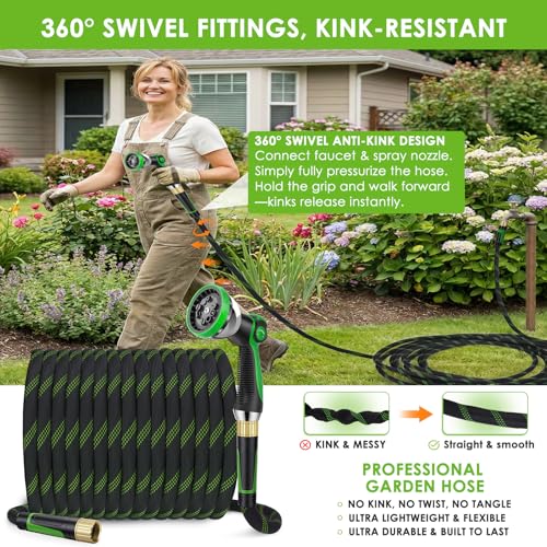 100 ft Non-Expanding Garden Hose, 360° Anti-Kink Swivel Fittings - color: Green, size: 100ft