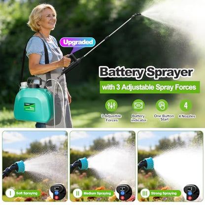 VAXMAY Battery Powered Sprayer 2 Gallon, Upgrade Electric Garden Sprayer with 3 Adjustable Speed, Battery Indicator, 4 Mist Nozzles, Rechargeable Handle, Retractable Wand, Shoulder Strap for Weed Lawn - color: Green
