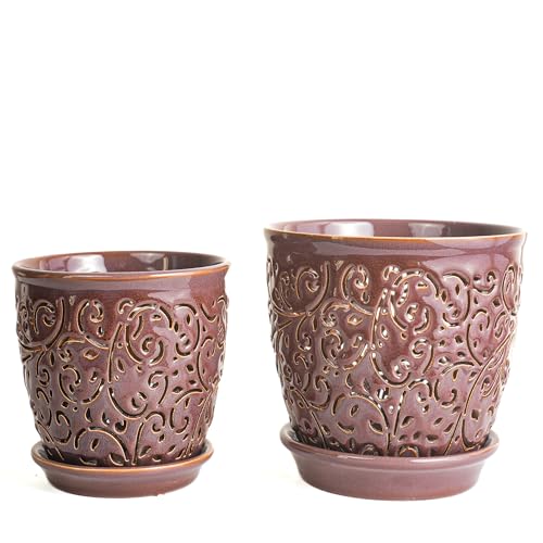 Orchid Pots with Holes, Ceramic Planter Flower Pot for Orchids Indoor Outdoor with Drainage and Saucer, Macetas para Orquídeas,Large 6.5 Inch, 5.3 Inch (Grape Color) - color: Grape Color