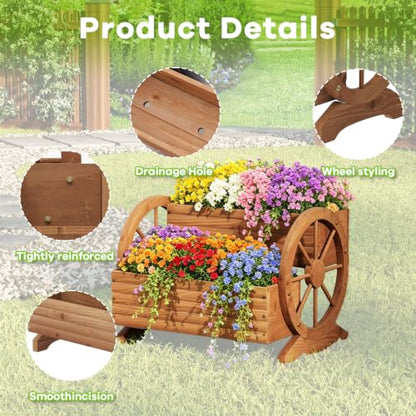 Wood Wagon Planter for outdoor Plants Cute Garden Flower Pots Cart Porch, L - color: Brown-large