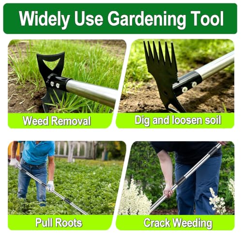 Stand Up Weed Puller Tool with 58" Adjustable Long Handle, 2 in 1 Heavy Duty Manual Weeder & Garden Hoe, 4-Claw Steel Head Weed Remover with Gloves for Yard Lawn Patio Flower Bed