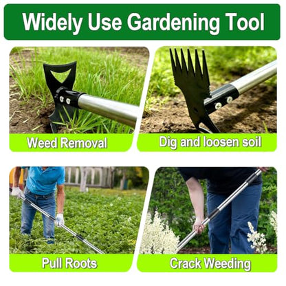 Stand Up Weed Puller Tool with 58" Adjustable Long Handle, 2 in 1 Heavy Duty Manual Weeder & Garden Hoe, 4-Claw Steel Head Weed Remover with Gloves for Yard Lawn Patio Flower Bed