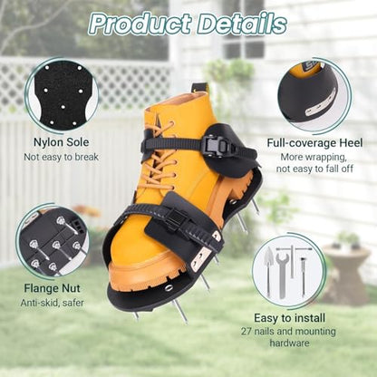 Lawn Aerator Shoes - Heavy Duty Lawn Aerator Tool for Grass with Cleaning Shovel & 6 Extra Spikes, Easy Assembly with Upgraded T-Wrench, Manual Garden Soil Aeration Tools for Yard Care