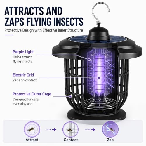 Rechargeable Outdoor Bug Zapper, 2000V Grid, Solar Panel, 365nm Light