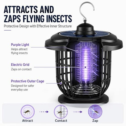 Rechargeable Outdoor Bug Zapper, 2000V Grid, Solar Panel, 365nm Light
