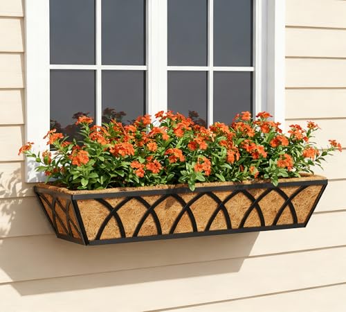 Y&M 4pcs 24 Inch Planter, Metal Window Boxes with Coco Liner, Indoor Outdoor Hanging Flower Planter for Garden, Lawn, Balcony, Porch, Fence, Patio Rail - size: X - 24in 4P