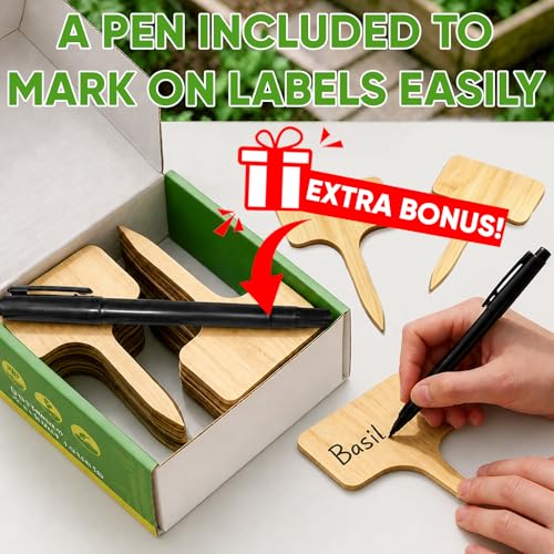 Plant Labels, 60-Pack Bamboo Garden Markers with Dual-Tip Marker