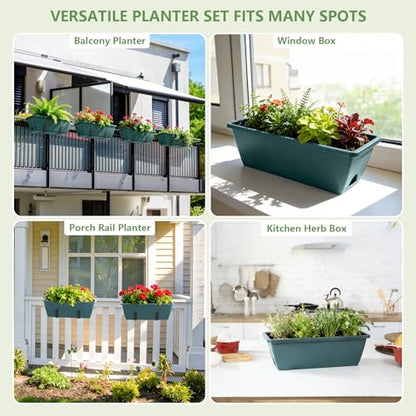 OYEAL Deck Railing Planter Boxes 4 Pack Hanging Planters for Outdoor Plants - color: Green & Black
