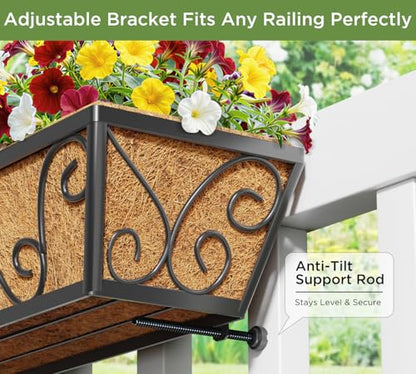 HFHOME 24 Inch Railing Planter Box with Coco Liners for Porch, Fence, Patio, Balcony Hanging Flower Railing Baskets with Adjustable Brackets for Outdoor Garden - 2 Packs - size: 24"-2P Butterfly