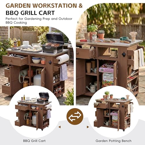 GDFStudio Winford Patio Kitchen Island Cart with Extendable Top, Wooden Outdoor Storage Cabinet with Stainless Steel BBQ Prep Table Top, Drawers, Spice Rack and Lockable Wheels, Potting Bench, Brown - color: Brown