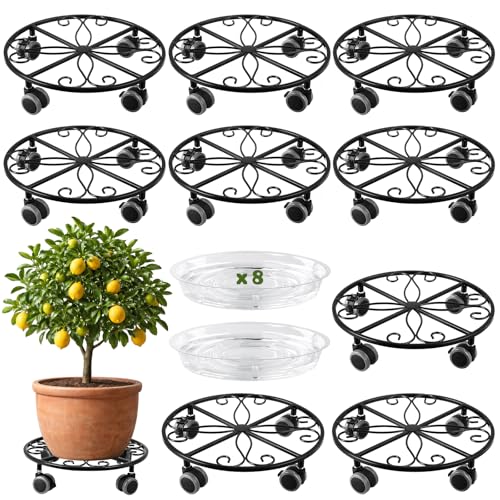 Planterhoma 8 Pack Plant Caddy with Wheels & Saucers, 11.8" Heavy Duty Metal Rolling Plant Stand, Plant Dolly with Lockable Casters, Rustproof Iron Planter Mover for Indoor Outdoor, Black - size: 11.8 Inches - 8 Pack
