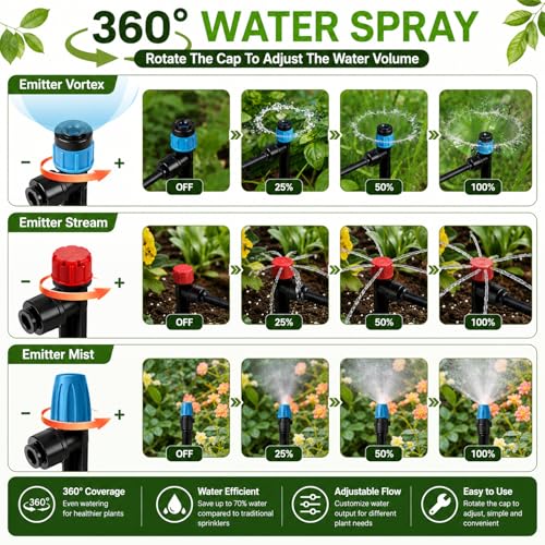 300FT Drip Irrigation System Kit, Quick Push-to-Connect Auto Garden Watering Irrigation System with 70FT 1/2'' & 230FT 1/4'' Tubing, Adjustable Dripper Sprayers for Raised Bed, Lawn, Greenhouse - size: 300FT