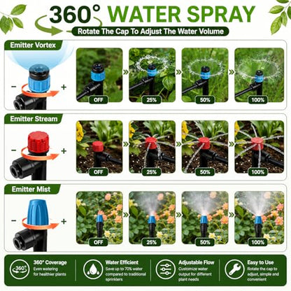 300FT Drip Irrigation System Kit, Quick Push-to-Connect Auto Garden Watering Irrigation System with 70FT 1/2'' & 230FT 1/4'' Tubing, Adjustable Dripper Sprayers for Raised Bed, Lawn, Greenhouse - size: 300FT