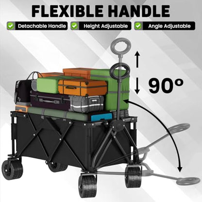 LEVELEVE Heavy Duty Folding Wagon Collapsible Cart, 420Lb Capacity, All-Terrain Wheels w/Brakes & Side Pockets (Black)