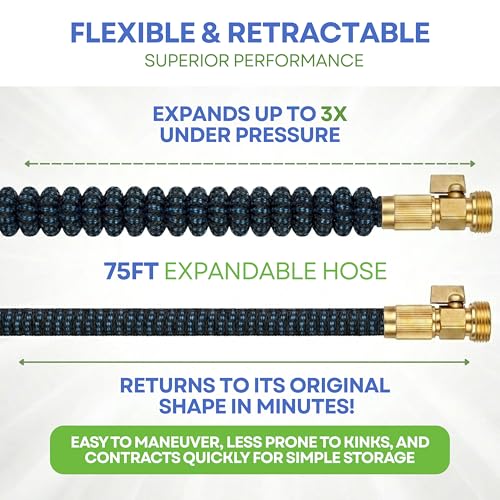 J&B XpandaHose 75ft Expandable Garden Hose, Lightweight, Brass Connectors - color: Blue/Black, size: 75ft
