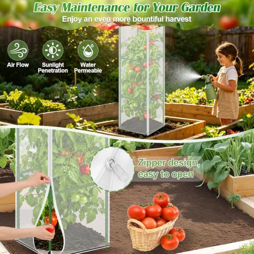 ROADPLUM 2 Pack Square Tomato Cages with 2 Plant Covers, 48" Heavy Duty Adjustable Tomato Cage for Garden, Plastic Coated Steel Pipe Stakes Trellis Plant Cages for Vegetable, Fruit, Climbing Plants - size: 2 PACK with Plant Covers