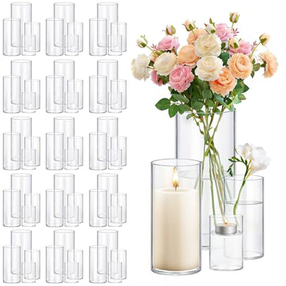 64 Pack Thick Glass Cylinder Vases 4,6,9,12 Inch Tall Clear Flower Vase Hurricane Floating Candle Holder for Table Centerpiece Wedding Home Decor - size: 64 Pack(4,6,9,12)