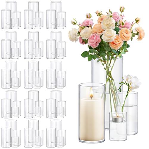 64 Pack Thick Glass Cylinder Vases 4,6,9,12 Inch Tall Clear Flower Vase Hurricane Floating Candle Holder for Table Centerpiece Wedding Home Decor - size: 64 Pack(4,6,9,12)