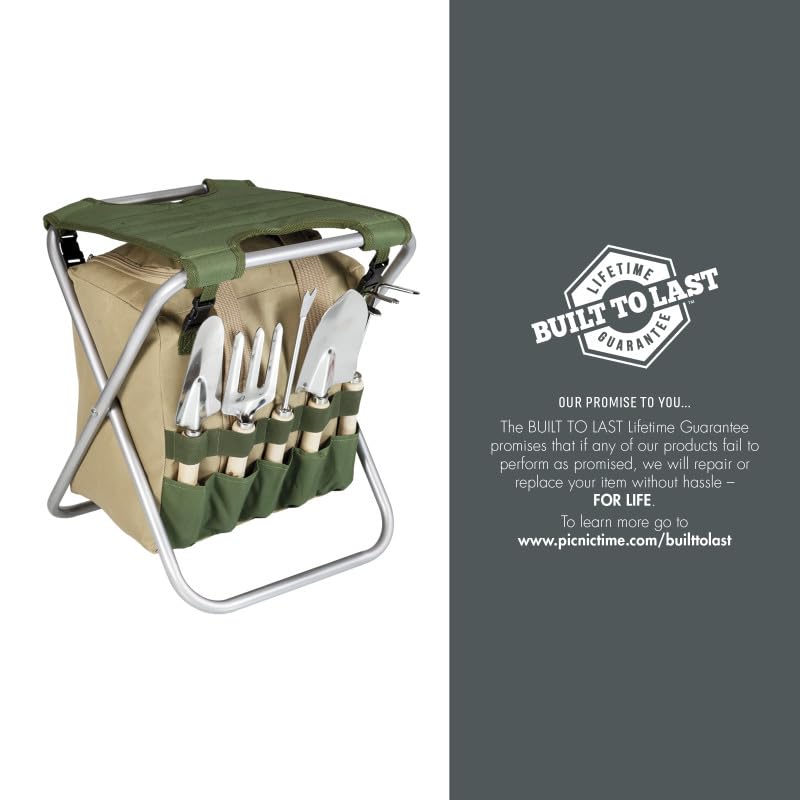 PICNIC TIME Disney Mickey Mouse Gardener Folding Seat with Tools, Folding Garden Stool with Detachable Tote and Hand Tool Set Organizer, Portable Gardening Chair, (Olive Green with Beige Accents) - color: Disney Mickey Mouse - Olive Green With Beige Accen