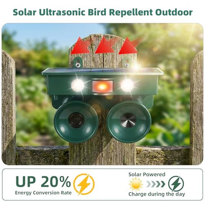 2026 New Ultrasonic Bird Repeller Solar Powered Outdoor Motion Activated Bird Pigeon Deterrents for Outside with Flash Light IP65 Woodpecker Goose Repellent Devices for Rooftops Porch Patio Balconies