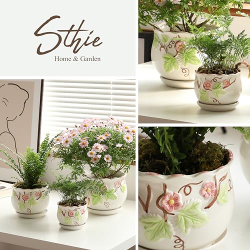 Ceramic Plant Pots with Drainage Holes and Saucers, Small Planters Set of 3 - color: White03