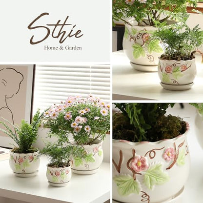 Ceramic Plant Pots with Drainage Holes and Saucers, Small Planters Set of 3 - color: White03
