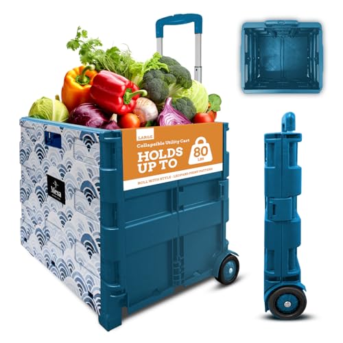 Inspired Living Ultra-Slim Rolling Collapsible Storage Pack-N-Roll Utility-carts, with Telescopic Handle, for Home, Garden, Shopping, Office, School use, Large, Blue, Wave Print - color: Wave Print