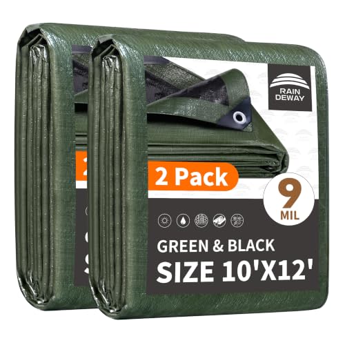 RAINDEWAY 10x12 Feet(2 Pack) Tarp Waterproof,9Mil Green/Black Tarps Cover - color: Green/Black, size: 10x12 Feet (2 Pack)-Finished size