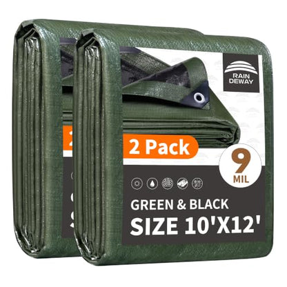 RAINDEWAY 10x12 Feet(2 Pack) Tarp Waterproof,9Mil Green/Black Tarps Cover - color: Green/Black, size: 10x12 Feet (2 Pack)-Finished size