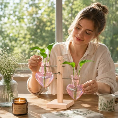 Nacome Plant Terrarium Propagation Stations: Pink Vase with Wooden Stand - color: Pink