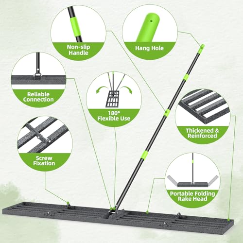 GARDTECH 48x10 Inch Lawn Leveling Rake Heavy Duty Adjustable Handle Yard Tool – Reinforced Steel Landscape Rake for Lawn Leveling, Soil Grading, Golf Course & Backyard Care - size: 48''x10''