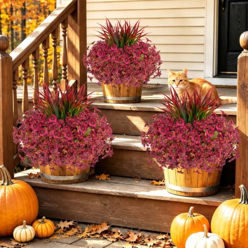18PCS Artificial Fall Flowers Outdoors, UV Resistant Fake Mums with Grass - color: Burgundy Daisies & Violets & Grass